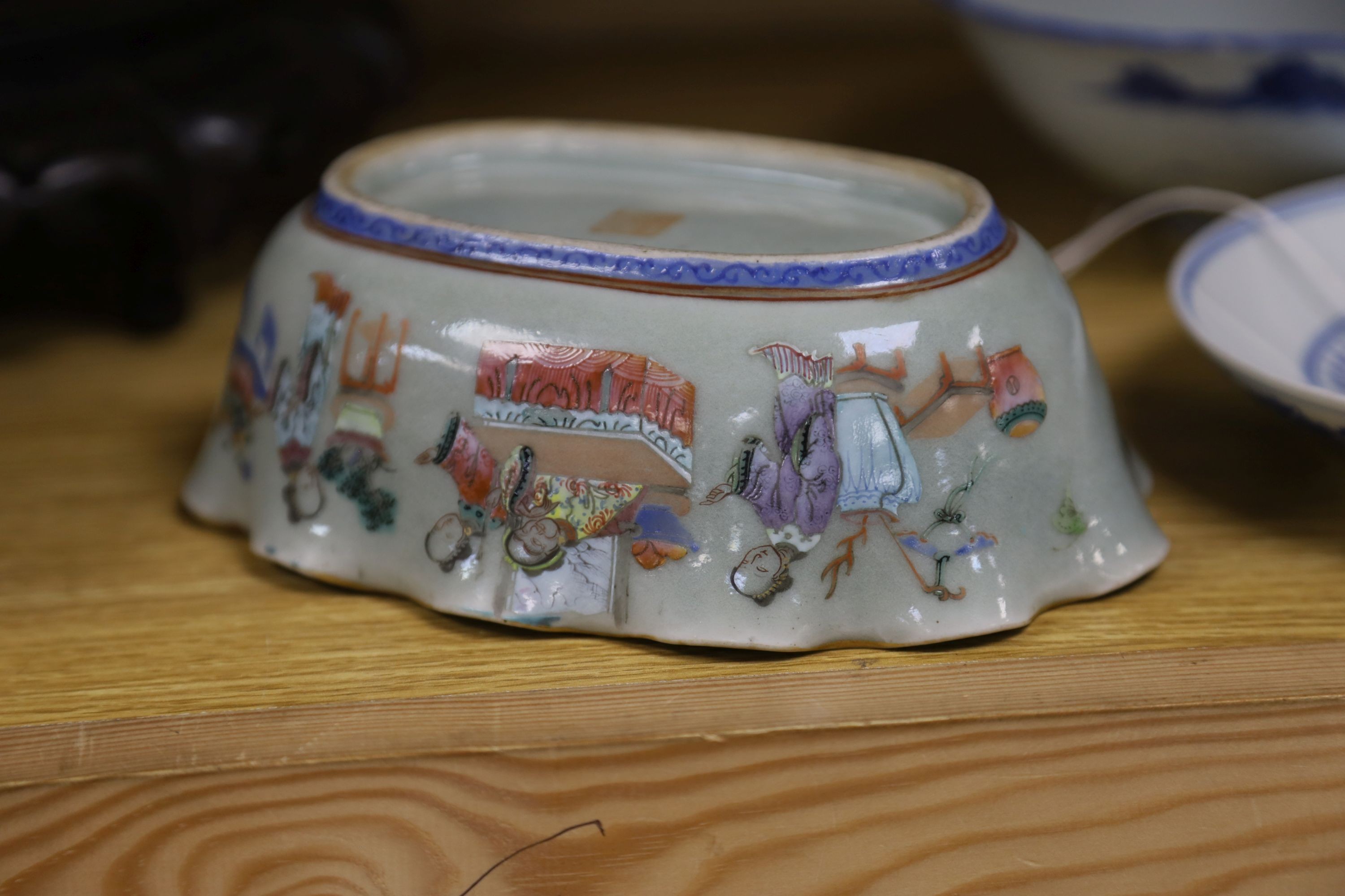 A large early 20th century Chinese cloisonné enamel ‘dragon’ bowl and two Chinese Tongzhi celadon ground famille rose bowls 31cm